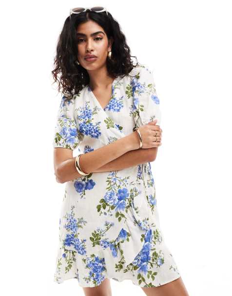 & Other Stories linen mini dress with wrap front and puff sleeves in blue floral print - view 1