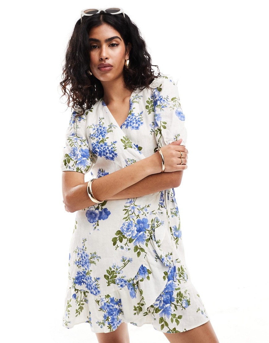 & Other Stories linen mini dress with wrap front and puff sleeves in blue floral print