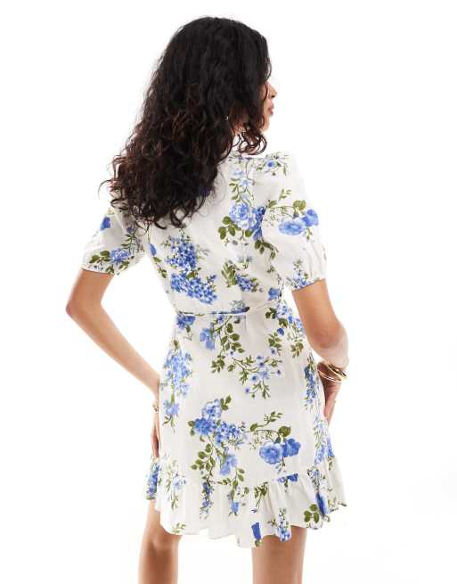 Other Stories linen mini dress with wrap front and puff sleeves in blue floral print ASOS