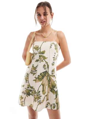 & Other Stories linen mini flippy dress with adjustable straps and panelled seams in botanical leaf print-Multi