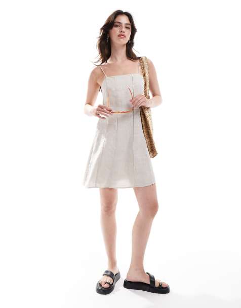 & Other Stories linen mini flippy dress with adjustable straps and panelled seams in light beige - view 1