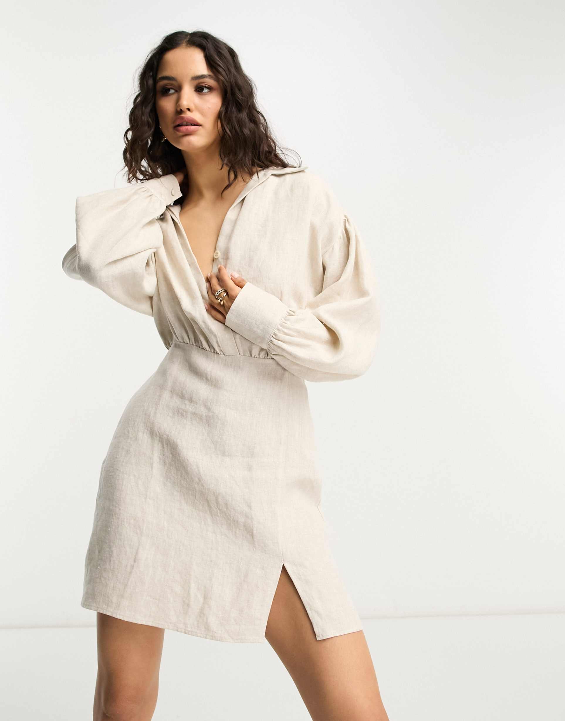 & other stories linen mini shirt dress in beige