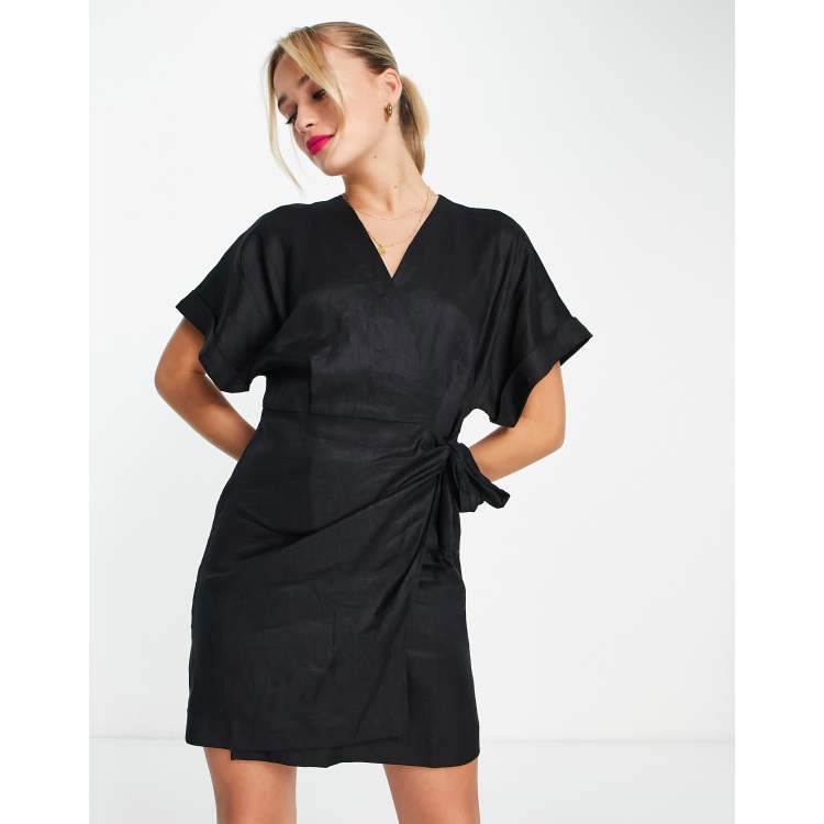 black linen wrap dress