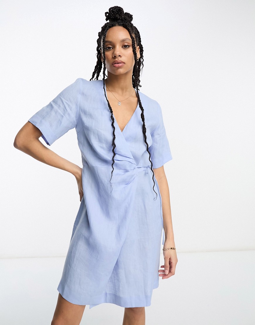 Other Stories &  Linen Mix Mini Wrap Dress In Blue
