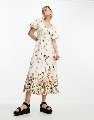 Other Stories &  Linen Puff Sleeve Belted Midaxi Dress In Floral Print-multi