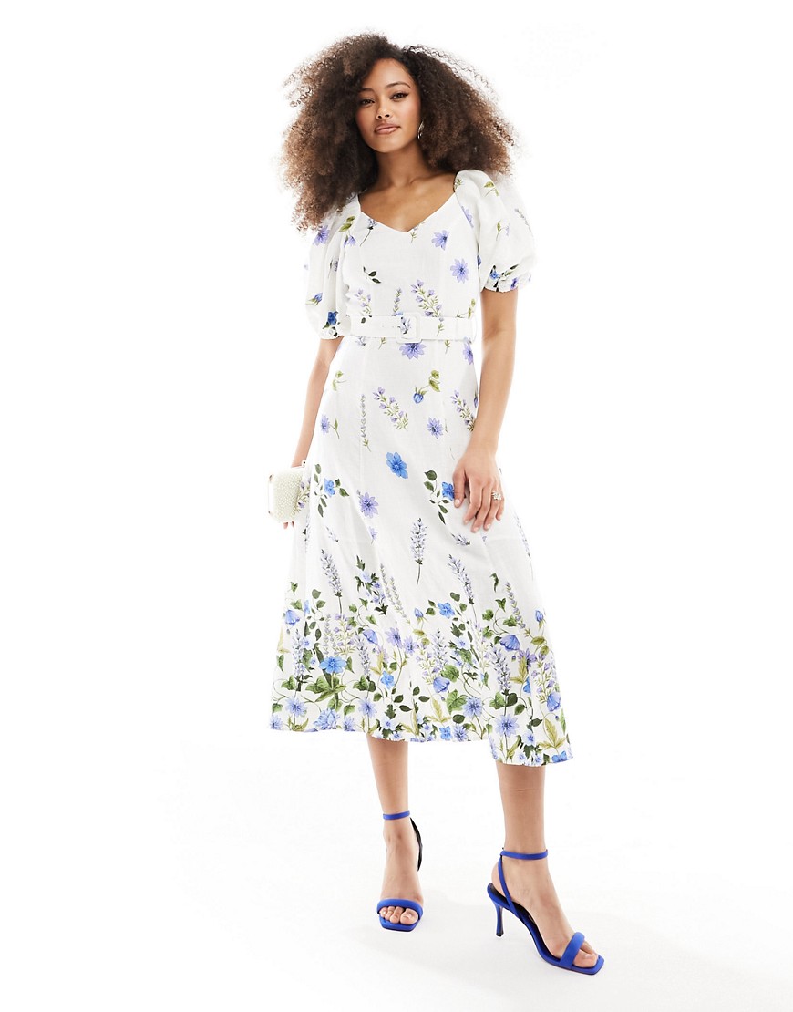 Other Stories &  Linen Puff Sleeve Belted Midaxi Dress In Floral Print-multi In White