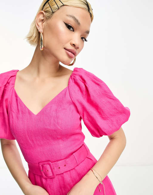 & Other Stories linen puff sleeve belted midaxi dress in pink | ASOS