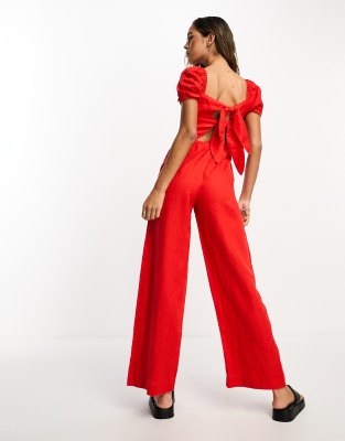 & Other Stories linen puff sleeve jumpsuit in red