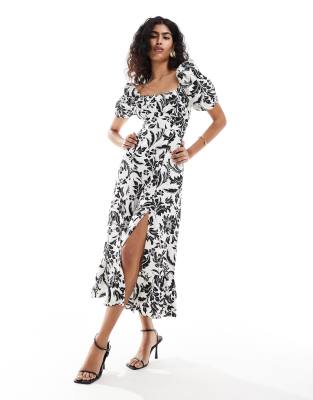 & Other Stories & Other Stories linen puff sleeve midaxi dress with split in black and white botanical print-Multi