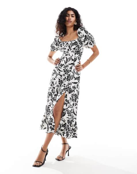 & Other Stories linen puff sleeve midaxi dress with split in black and white botanical print - view 1
