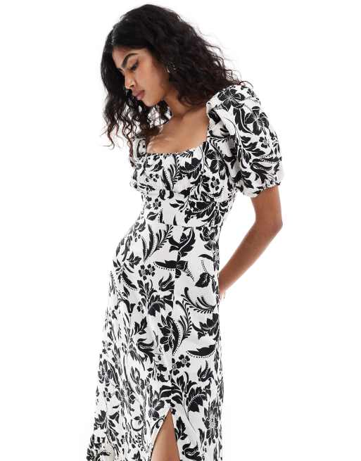 Black and white puff sleeve dress outlet