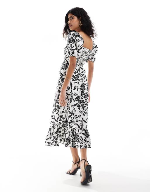 Other Stories linen puff sleeve midaxi dress with split in black and white botanical print ASOS