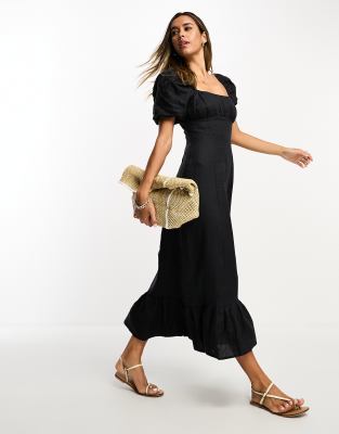 & other stories linen puff sleeve midaxi dress with split in black