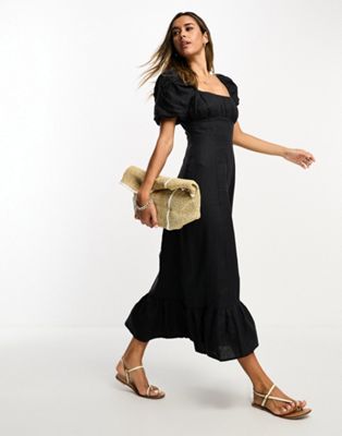 & Other Stories linen puff sleeve midaxi dress with split in black | ASOS