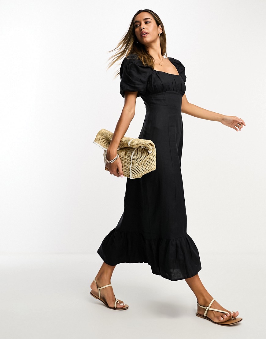 & Other Stories linen puff sleeve midaxi dress with split in black