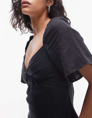 & Other Stories Linen Puff Sleeve Midaxi Dress With Twist Sweetheart Neckline In Black