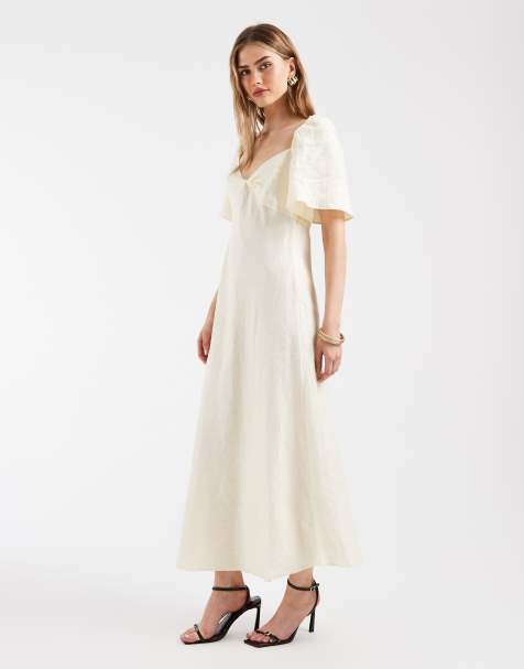 & Other Stories linen puff sleeve midaxi dress with twist sweetheart neckline in butter yellow - view 1