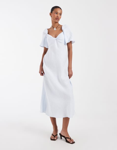& Other Stories linen puff sleeve midaxi dress with twist sweetheart neckline in pastel blue