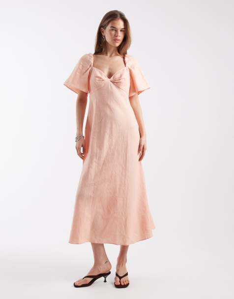 & Other Stories linen puff sleeve midaxi dress with twist sweetheart neckline in peach pink