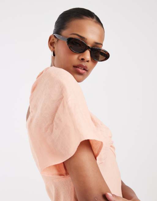 & Other Stories linen puff sleeve midaxi dress with twist sweetheart  neckline in peach pink | ASOS