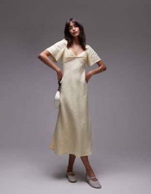 & Other Stories linen puff sleeve midaxi dress with twisted sweetheart neckline in butter yellow-Neutral