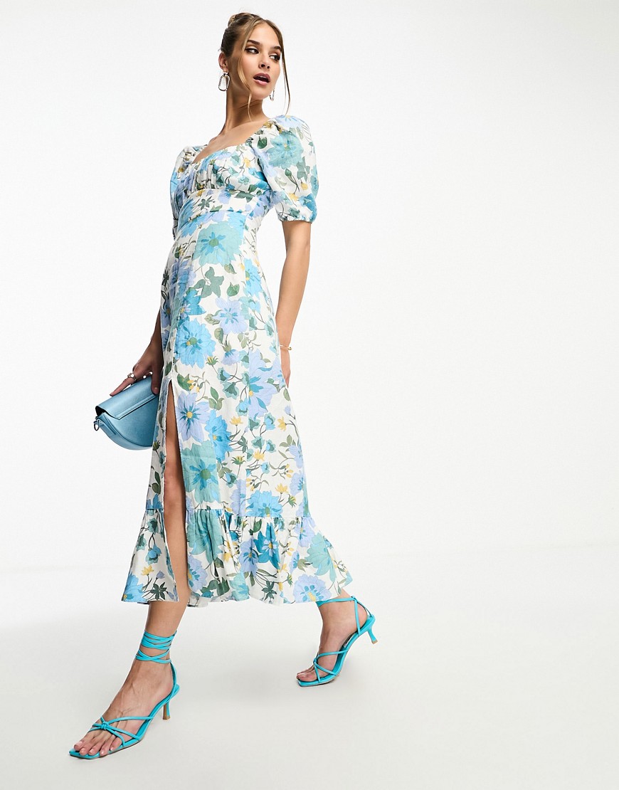 & Other Stories linen puff sleeve midi dress in blue floral