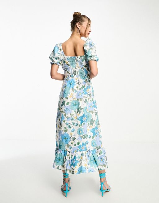Rosario Midi Dress - Ruched Bust Puff Sleeve Dress in Spring Floral