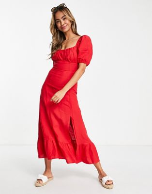 & Other Stories linen puff sleeve midi dress in red