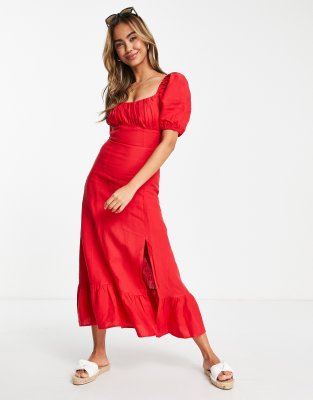 And Other Stories Linen Puff Sleeve Midi Dress In Red On Asos Usa