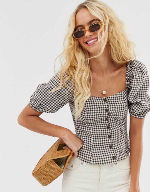 Other Stories linen puff sleeve top in brown gingham ASOS