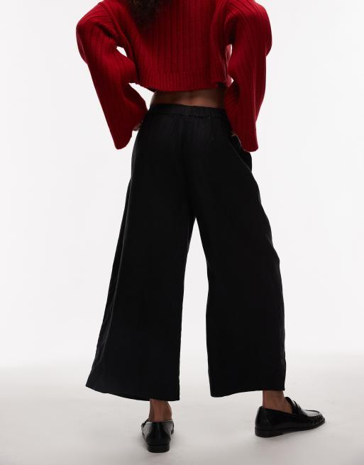 & Other Stories linen pull-on wide leg pants with box pleat detail in black, 3 of 5