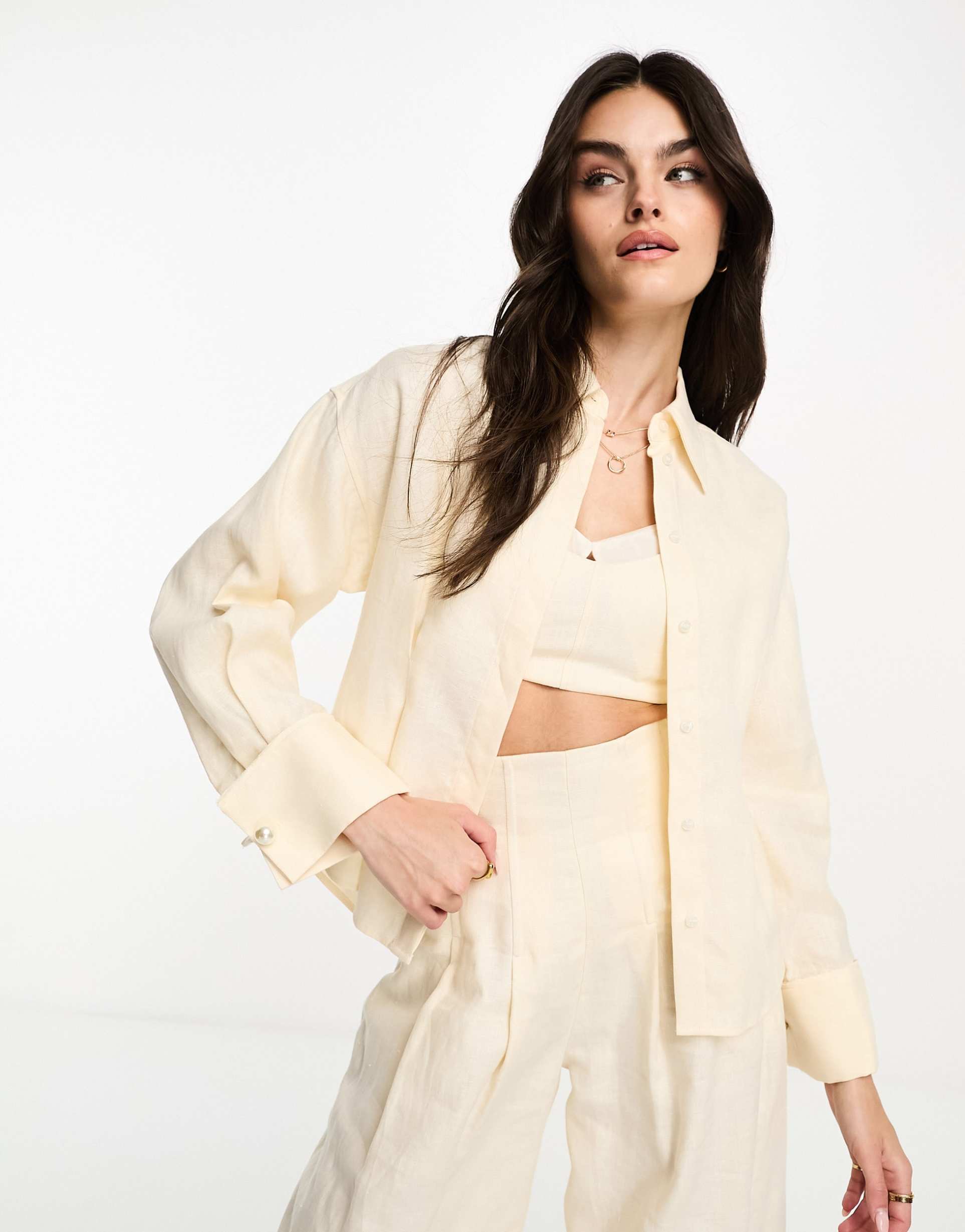 & other stories linen raw edge shirt with pearl detail in off-white - part of a set