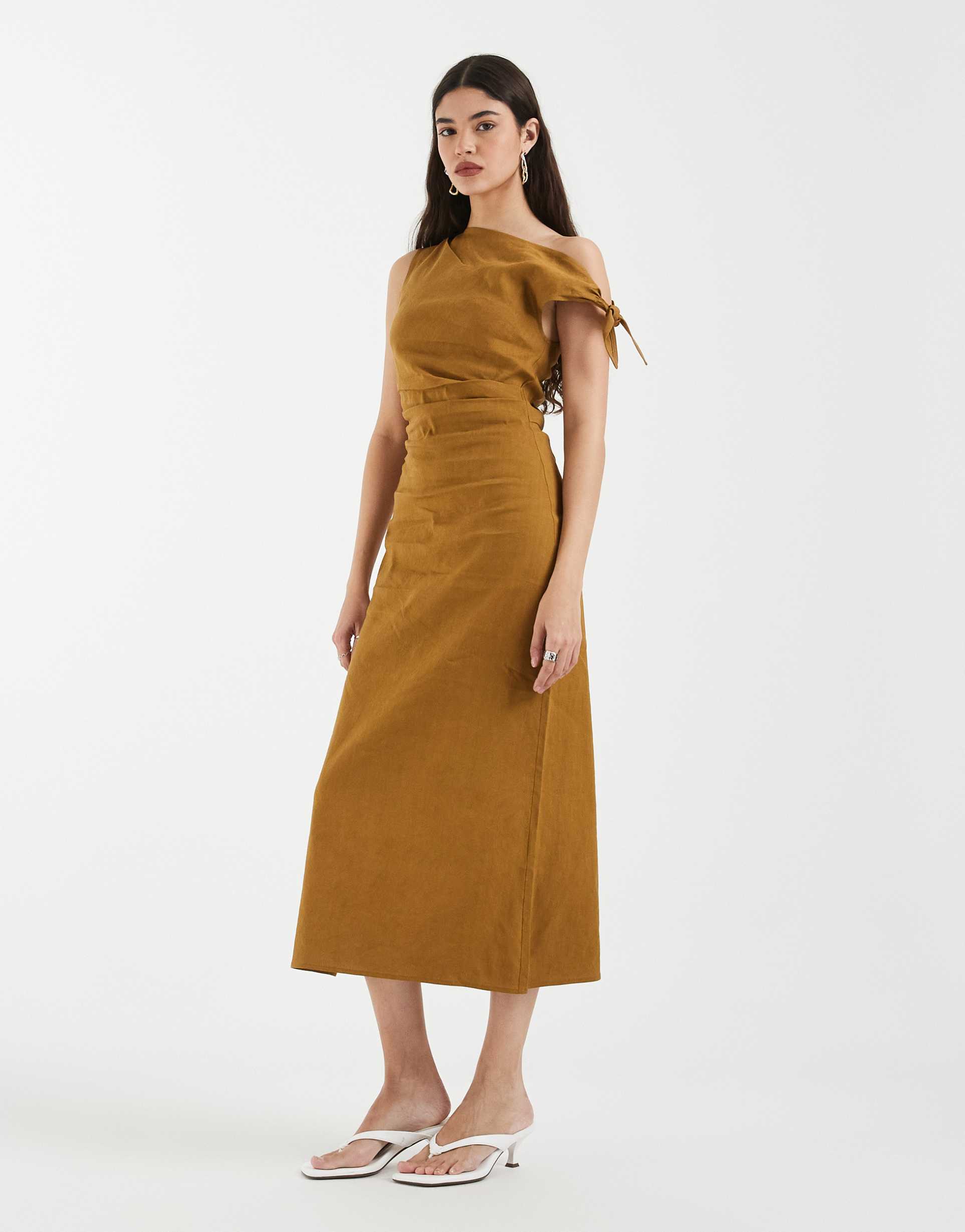 & other stories linen rich one-shoulder midi dress in tan