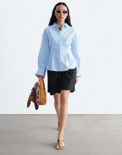 & Other Stories linen shirt with cinch waist and volume sleeves in light blue, 3 of 3