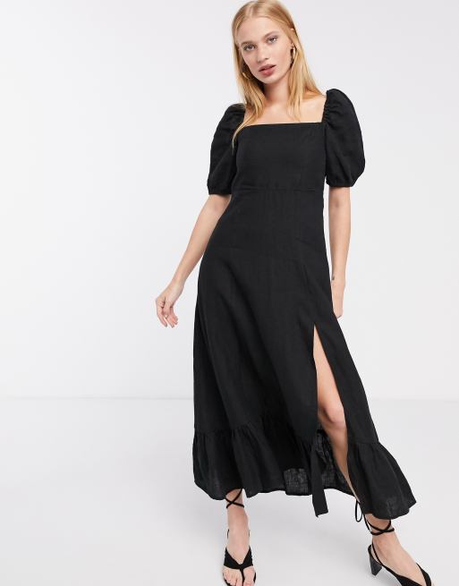 FETICO SQUARE NECK LINEN DRESS/BLACK-