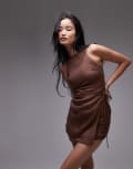 [Other Stories] & Other Stories linen square neck mini dress with wrap front in brown 38 BROWN