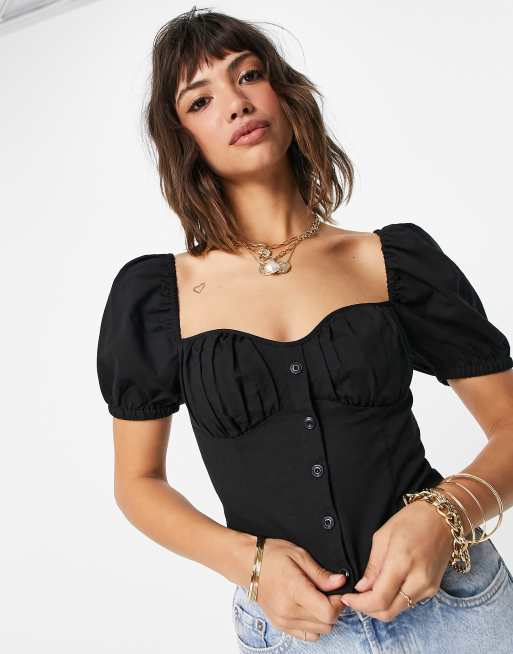 & Other Stories linen square neck puff sleeve top in black