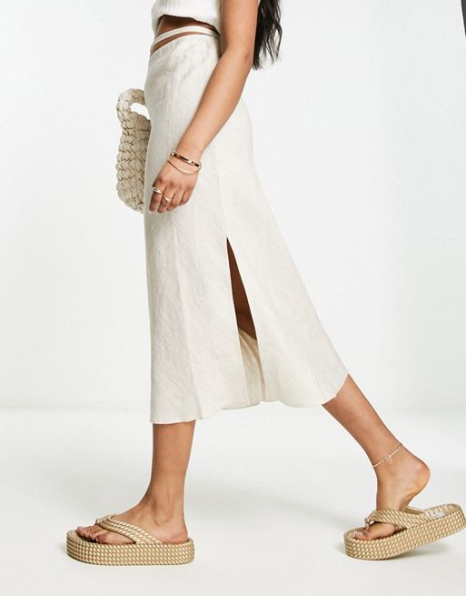 Beige Midi Skirt - High Waisted Linen Skirt - Side Button Skirt
