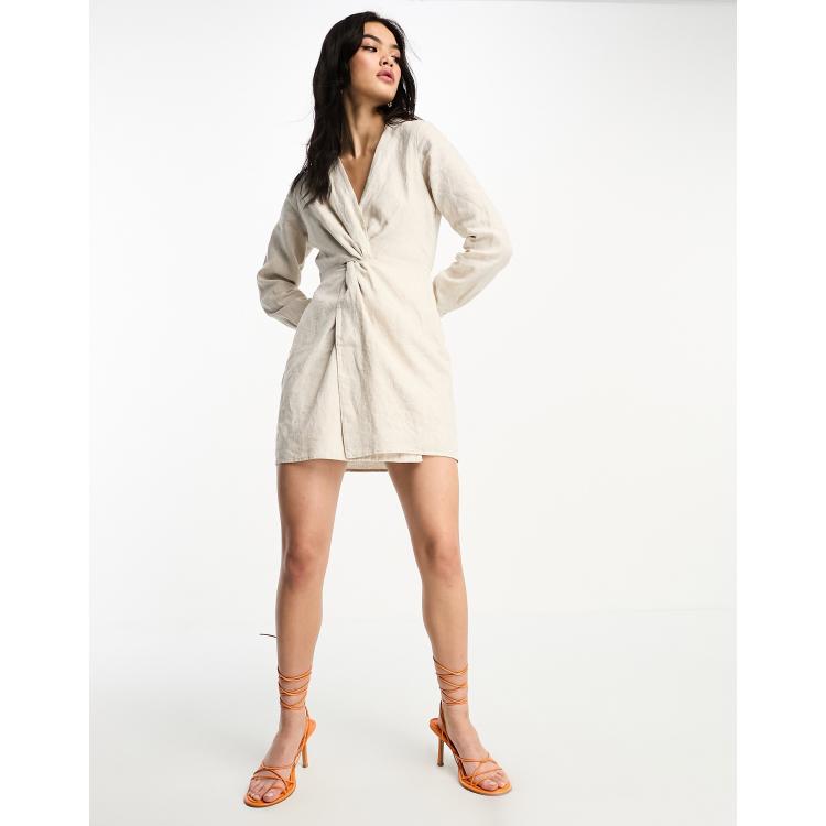 & Other Stories linen twist front mini shirt dress in beige