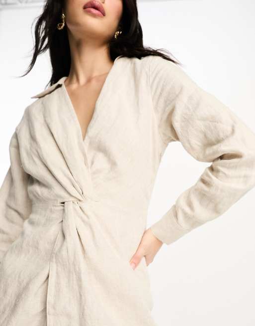 chinese dress ladies Rent Linen Mini Shirt Dress In Beige
