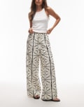 [Other Stories] & Other Stories linen wide leg pants with drawstring waist in off white and black pattern-Multi 36 MULTI