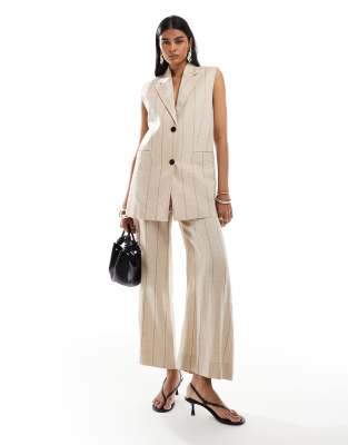 & Other Stories & Other Stories linen wide leg tailored trousers in beige with black pinstripes-Neutral