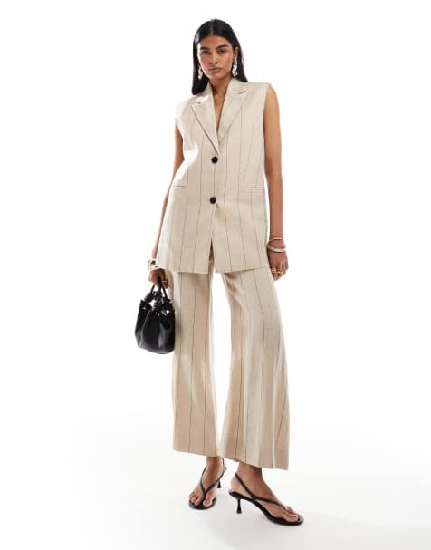 & Other Stories linen wide leg tailored trousers in beige with black pinstripes - view 1