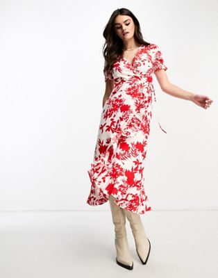 & Other Stories linen wrap midaxi dress in red floral