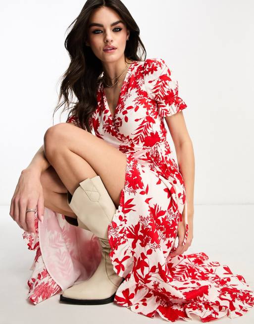 open lace back dress Red 1940s Boho Floral Wrap Dress main image 1