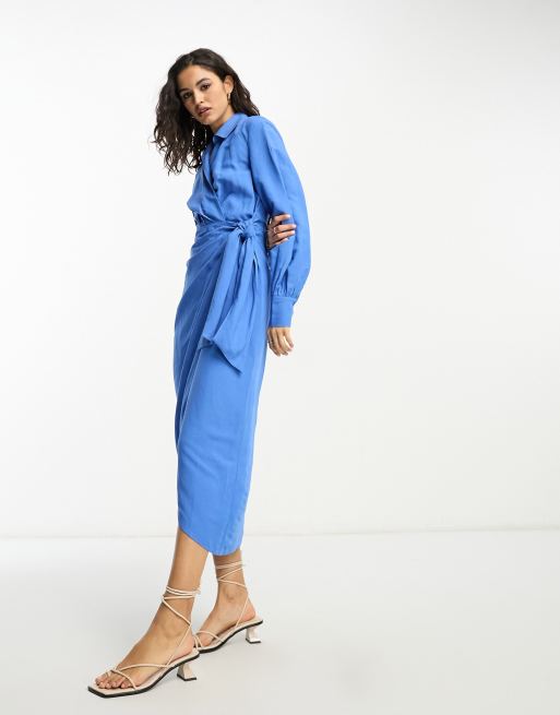  Other Stories linen wrap midi dress in blue