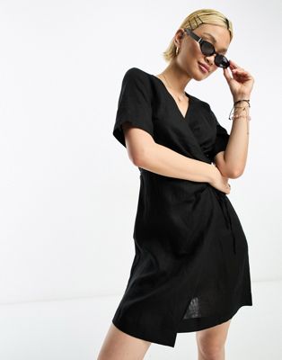 & Other Stories linen wrap mini dress in black