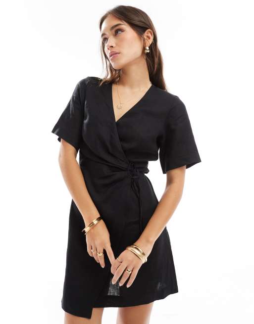 Other Stories linen wrap mini dress in black