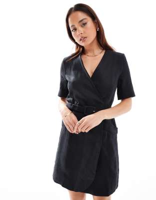 & Other Stories linen wrap mini dress with belt in black | ASOS