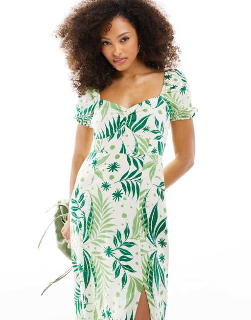 Other Stories Linnen midi jurk met pofmouwen en varen en vogelprint ASOS